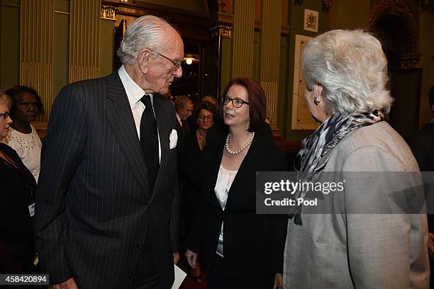 Former Prime Ministers Malcolm Fraser and Julia Gillard speak following the state memorial service for former Australian Prime Minister Gough Whitlam...