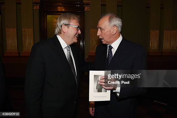 Former Prime Ministers Kevin Rudd and Paul Keating speak following the state memorial service for former Australian Prime Minister Gough Whitlam at...
