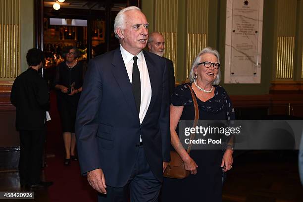 Nicholas and Judith Whitlam depart following the state memorial service for former Australian Prime Minister Gough Whitlam at Sydney Town Hall on...