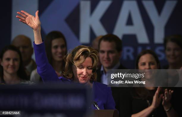 Incumbent U.S. Sen. Kay Hagan waves to supporters as she concedes during her election night party November 4, 2014 in Greensboro, North Carolina....