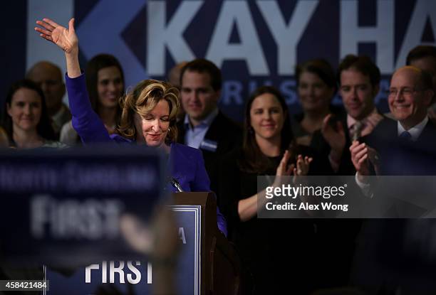 Incumbent U.S. Sen. Kay Hagan waves to supporters as she concedes during her election night party November 4, 2014 in Greensboro, North Carolina....