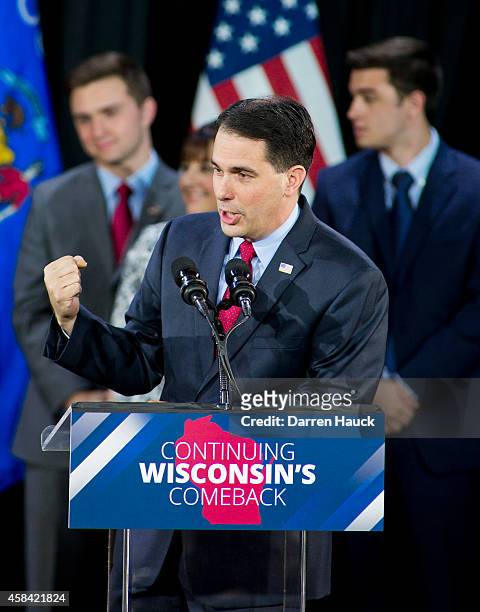 Wisconsin Gov. Scott Walker speaks at his election night party November 4, 2014 in West Allis, Wisconsin. Walker defeated Democratic challenger Mary...