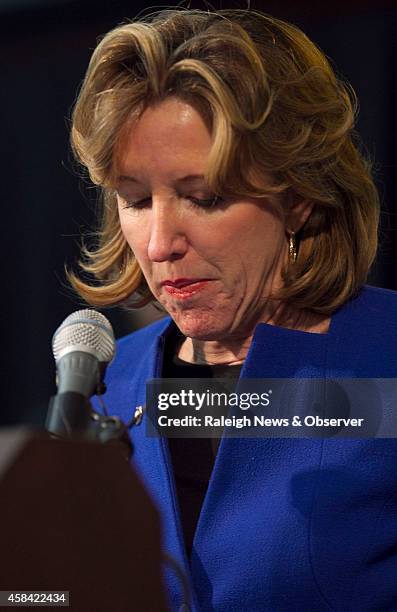 Senator Kay Hagan pauses after delivering her concession speech on Tuesday, Nov. 4 at the Greensboro Coliseum in Greensboro, N.C. Hagan was defeated...