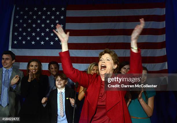 Senator Jeanne Shaheen celebrates with supporters at the Puritan Conference Center November 4, 2014 in Manchester, New Hampshire. Shaheen beat former...
