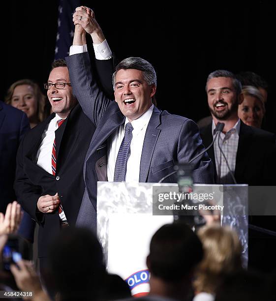 Senator-elect Cory Gardner celebrates with friends and family behind him after being declared the winner in the race at the Colorado Republican...