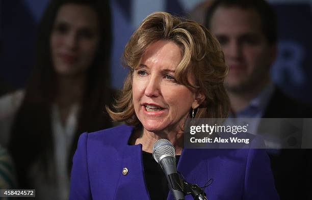 Incumbent U.S. Sen. Kay Hagan concedes as she speaks to supporters during her election night party November 4, 2014 in Greensboro, North Carolina....