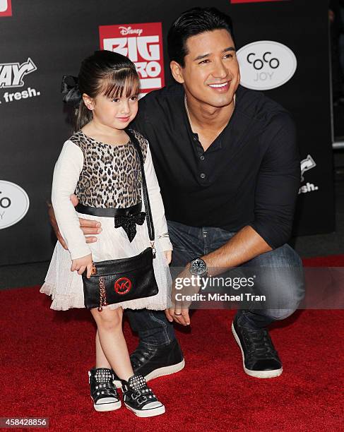 Mario Lopez and daughter Gia Francesca Lopez arrive at the Los Angeles premiere of "Big Hero 6" held at the El Capitan Theatre on November 4, 2014 in...