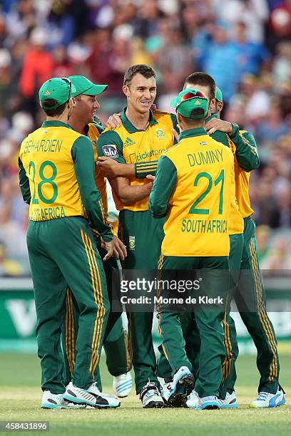 Ryan McLaren of South Africa celebrates after getting the wicket of Aaron Finch of Australia during game one of the International Twenty20 Series...