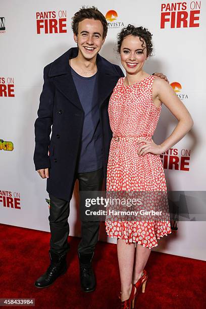 Nicholas Coombe and Freya Tingley arrive to the Disney XD "Pants On Fire" premiere on November 4, 2014 in Hollywood, California.