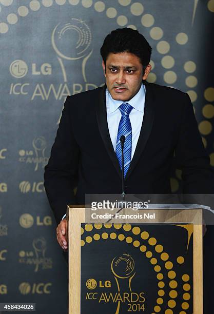 Anil Kumble,Chairman of the ICC Cricket Commitee talks to the media at a press conference to announce the shortlists for the LG ICC Awards 2014 at...