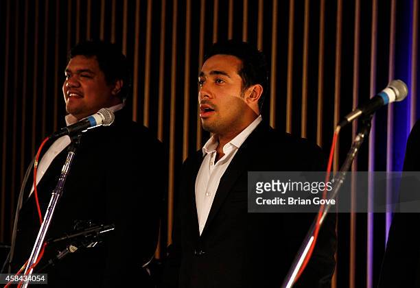 Pene Pati; Moses McKay of Sole Mio performing at Capitol Records Studio on November 4, 2014 in Hollywood, California.