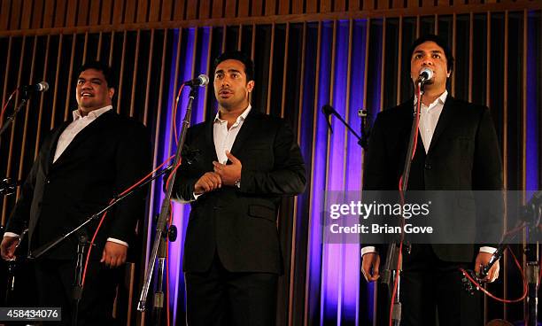 Pene Pati; Moses McKay and Amitai Pati of Sole Mio performing at Capitol Records Studio on November 4, 2014 in Hollywood, California.