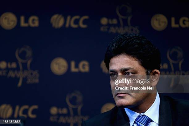 Anil Kumble,Chairman of the ICC Cricket Commitee talks to the media at a press conference to announce the shortlists for the LG ICC Awards 2014 at...