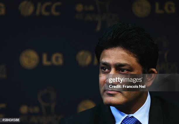 Anil Kumble,Chairman of the ICC Cricket Commitee talks to the media at a press conference to announce the shortlists for the LG ICC Awards 2014 at...