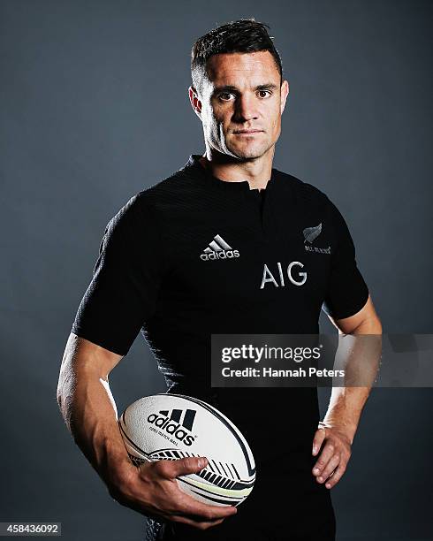 Daniel Carter of the All Blacks poses during a New Zealand All Blacks portrait session on October 26, 2014 in Auckland, New Zealand.