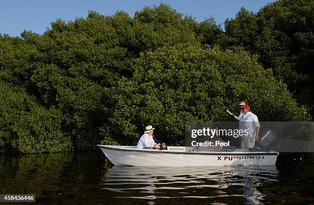 Prince Charles, Prince of Wales exits the Mangrove Biosphere Reserve on November 4, 2014 in Campeche, Mexico. The Royal Couple are on the third day...