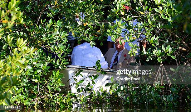 Prince Charles, Prince of Wales exits the Mangrove Biosphere Reserve on November 4, 2014 in Campeche, Mexico. The Royal Couple are on the third day...
