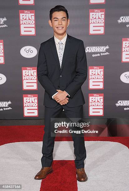 Actor Ryan Potter arrives at the Los Angeles premiere of Disney's "Big Hero 6" at the El Capitan Theatre on November 4, 2014 in Hollywood, California.