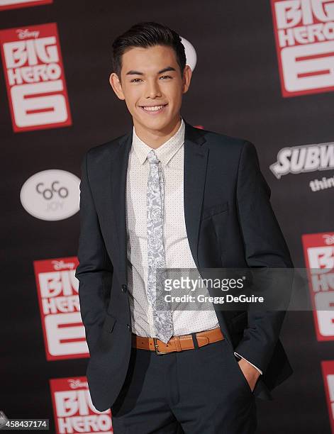 Actor Ryan Potter arrives at the Los Angeles premiere of Disney's "Big Hero 6" at the El Capitan Theatre on November 4, 2014 in Hollywood, California.