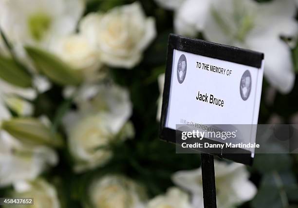 General view of the flowers at the funeral of Jack Bruce at Golders Green Crematorium on November 5, 2014 in London, England.