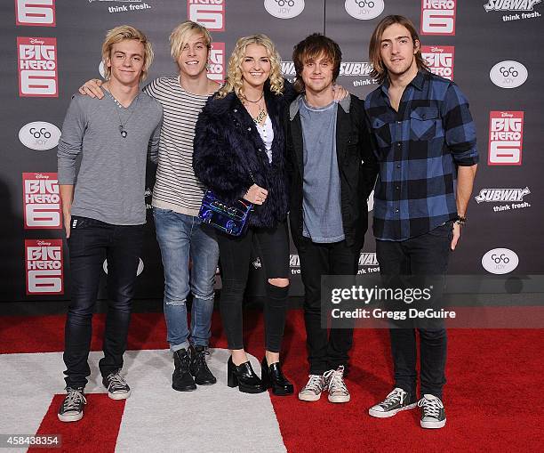 Musicians Ross Lynch, Riker Lynch, Rydel Lynch, Ellington Ratliff and Rocky Lynch of R5 arrive at the Los Angeles premiere of Disney's "Big Hero 6"...