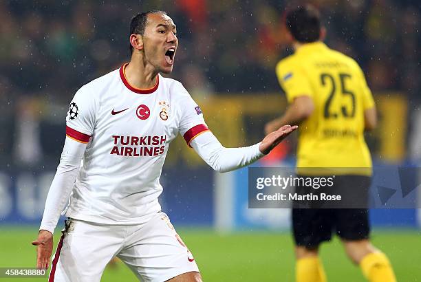 Umut Bulut of Galatasaray reacts during the UEFA Champions League Group D match between Borussia Dortmund and Galatasaray AS at Signal Iduna Park on...