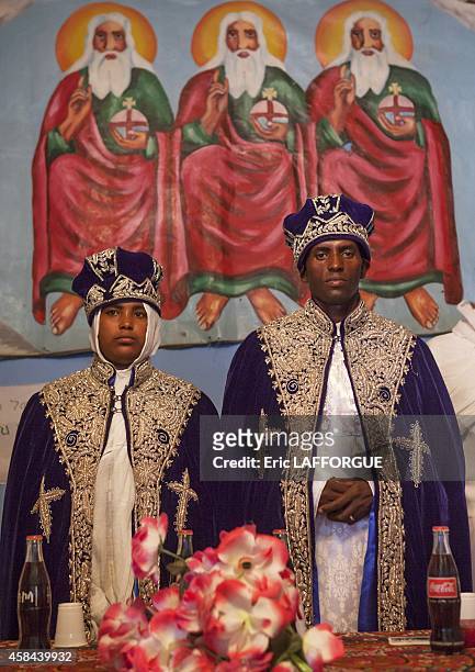 Portrait of newlyweds during an ethiopian wedding in an orthodox church on January 14, 2012 in Ziway, Ethiopia.