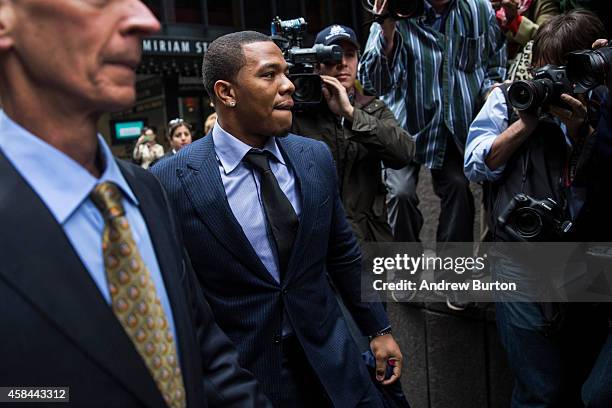 Suspended Baltimore Ravens football player Ray Rice and his wife Janay Palmer arrive for a hearing on November 5, 2014 in New York City. Rice is...