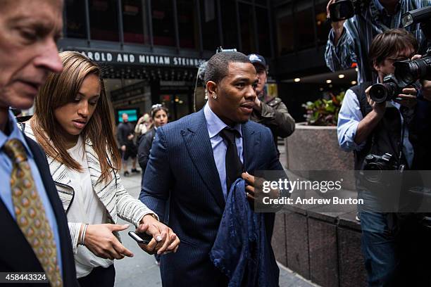 Suspended Baltimore Ravens football player Ray Rice and his wife Janay Palmer arrive for a hearing on November 5, 2014 in New York City. Rice is...