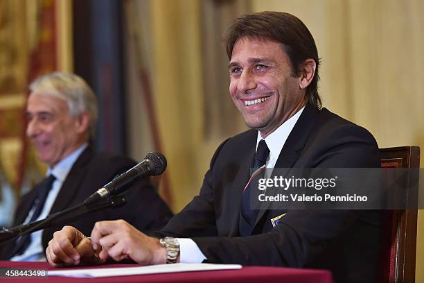 Italy head coach Antonio Conte speaks to the media during Italian Football Federation Press Conference at Palazzo Marino on November 5, 2014 in...