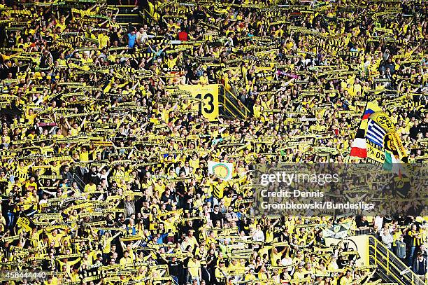 Borussia Dortmund supporters during the Supercup 2014 match between Borussia Dortmund and FC Bayern Muenchen at Signal Iduna Park on August 13, 2014...