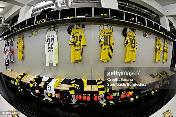 Dortmund's dressing room is seen prior to the Supercup match between Borussia Dortmund and Bayern Muenchen at Signal Iduna Park on August 13, 2014 in...