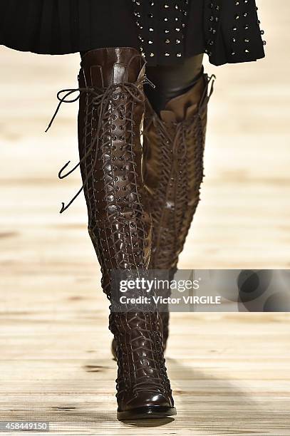 Model walks the runway at the Tufi Duek fashion show during Sao Paulo Fashion Week Winter 2015 at Parque Candido Portinari on November 3, 2014 in Sao...