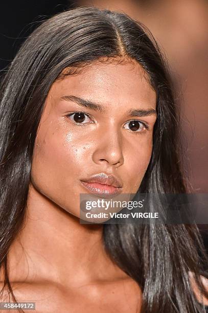 Model walks the runway at the Tufi Duek fashion show during Sao Paulo Fashion Week Winter 2015 at Parque Candido Portinari on November 3, 2014 in Sao...