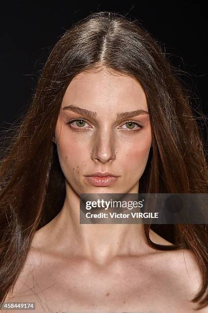 Model walks the runway at the Tufi Duek fashion show during Sao Paulo Fashion Week Winter 2015 at Parque Candido Portinari on November 3, 2014 in Sao...