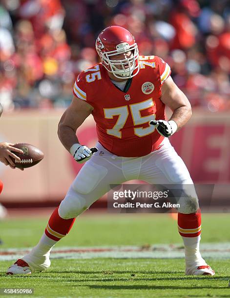 Offensive guard Mike McGlynn of the Kansas City Chiefs gets set on the line against the New York Jets during the first half on November 2, 2014 at...