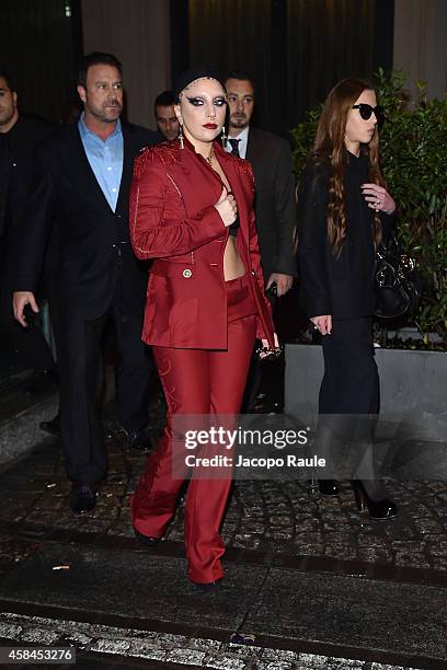 Lady Gaga and Allegra Versace are seen leaving Park Hyatt Hotel on November 5, 2014 in Milan, Italy.