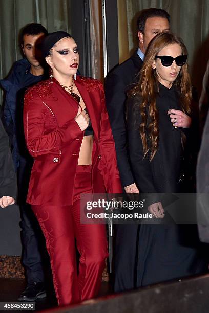 Lady Gaga and Allegra Versace are seen leaving Park Hyatt Hotel on November 5, 2014 in Milan, Italy.