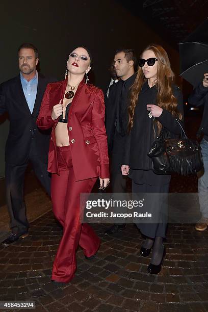 Lady Gaga and Allegra Versace are seen leaving Park Hyatt Hotel on November 5, 2014 in Milan, Italy.