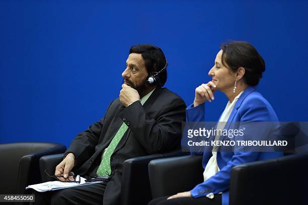 French minister for Ecology, Sustainable Development and Energy Segolene Royal and the head of the UN's climate science panel Rajendra Pachauri take...
