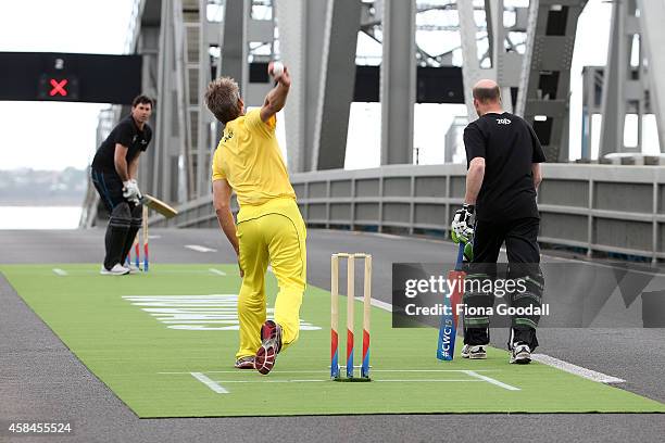 Stephen Fleming and Andy Bichel about to play cricket on Auckland Harbour Bridge, marking 100 days to go until the ICC Cricket World Cup 2015 which...
