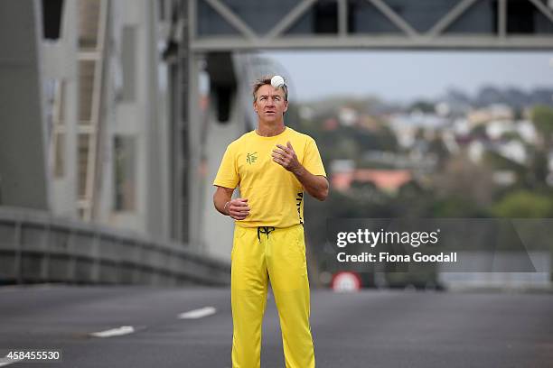 Andy Bichel on Auckland Harbour Bridge, marking 100 days to go until the ICC Cricket World Cup 2015 which takes place in New Zealand and Australia...