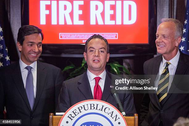 Republican National Committee leadership, L to R, Former Puerto Rican Governor Luis Fortuno, RNC Chairman Reince Priebus, and Sen. Jerry Moran ,...