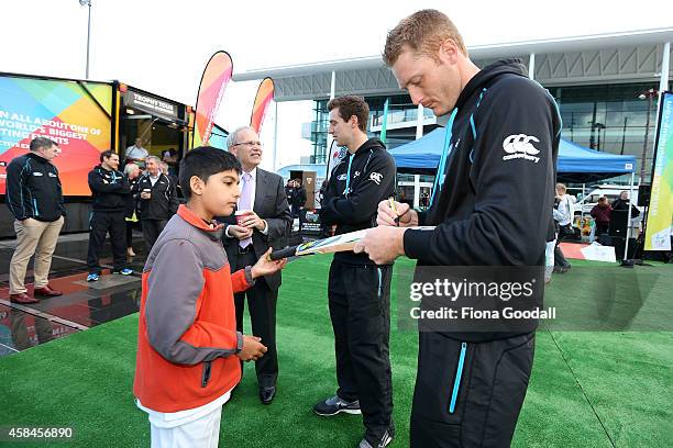 Black Cap Martin Guptill meets the fans during the 100 day countdown to the 2015 ICC Cricket World Cup at Wynyard Wharf on November 6, 2014 in...