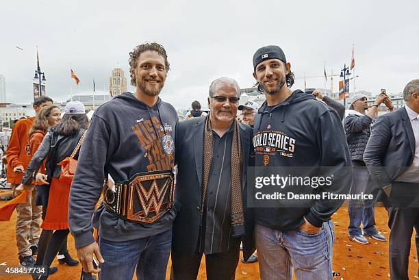 World Series Championship Parade: View of San Francisco Giants Madison Bumgarner and Hunter Pence victorious with general manager Brian Sabean during...