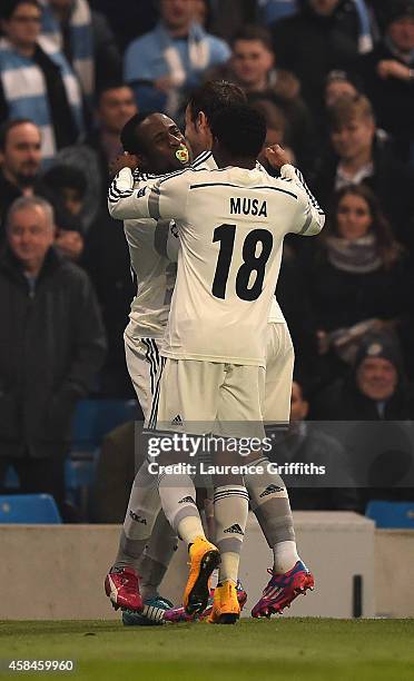 Seydou Doumbia of CSKA Moscow celebrates scoring the opening goal during the UEFA Champions League Group E match between Manchester City and CSKA...