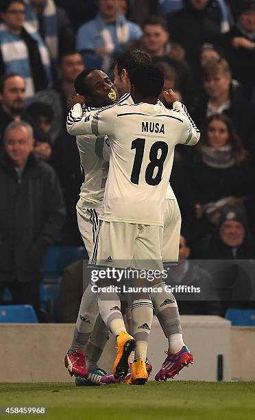 Seydou Doumbia of CSKA Moscow celebrates scoring the opening goal during the UEFA Champions League Group E match between Manchester City and CSKA...