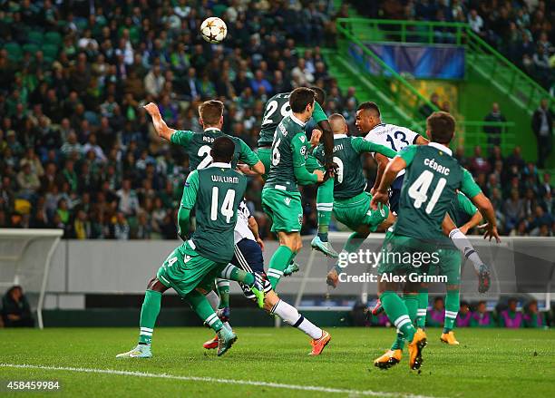 Islam Slimani of Sporting Lisbon scores an own goal off the header from Maxim Choupo-Moting of Schalke during the UEFA Champions League Group G match...