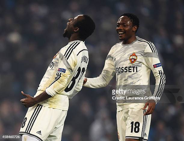 Seydou Doumbia of CSKA Moscow celebrates scoring his team's second goal with Ahmed Musa during the UEFA Champions League Group E match between...