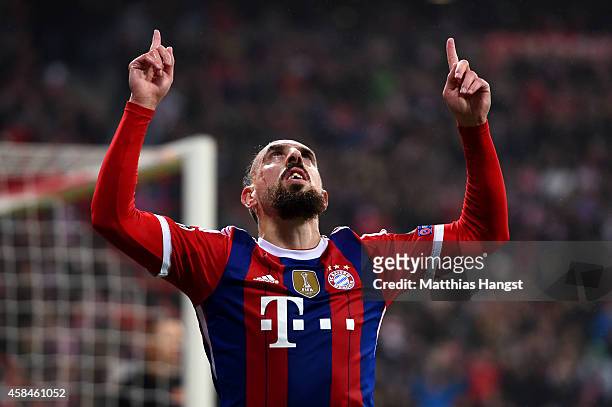 Franck Ribery of Bayern Muenchen celebrates as he scores their first goal during the UEFA Champions League Group E match between FC Bayern Munchen...